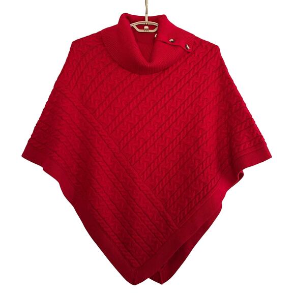 Talbots Red Cable Knit Triangle Poncho Sweater Large cotton blend holiday - Picture 2 of 6